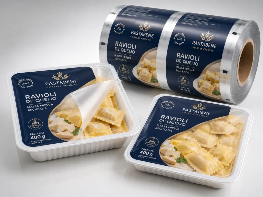Bandejas de ravioli fechadas com filme Top Web impresso e abertura easy open.