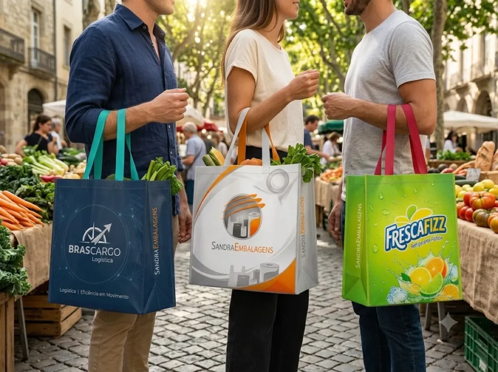 Clientes utilizando sacolas retornáveis de ráfia personalizadas com logotipos em uma feira ao ar livre.