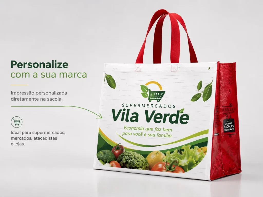 Sacola de ráfia para supermercado com estampa de vegetais e logo do Supermercados Vila Verde, com texto indicando personalização direto na sacola.