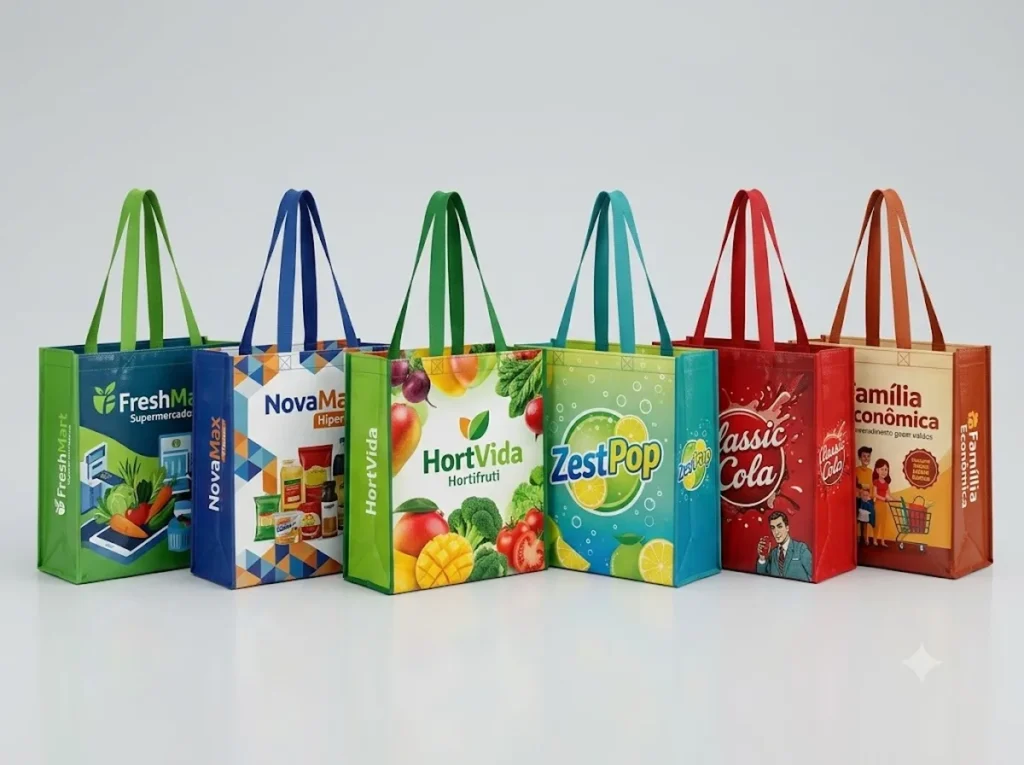Fileira com diversos modelos de sacolas retornáveis de ráfia laminada coloridas com logos de supermercados e hortifrutis.