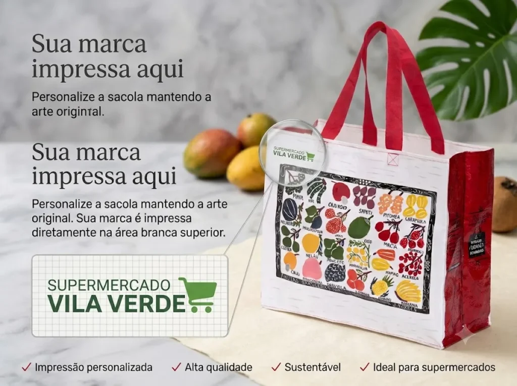 Sacola ilustrada de ráfia com arte de J. Borges realçando com efeito de lente a gravação do logotipo corporativo Supermercado Vila Verde impresso na faixa branca superior.