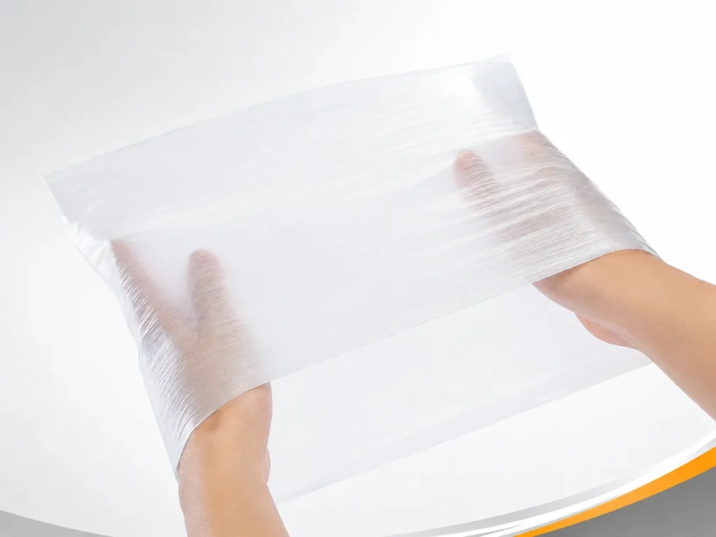 Mãos esticando uma película de espuma de polietileno expandido para demonstrar flexibilidade e resistência à tração.