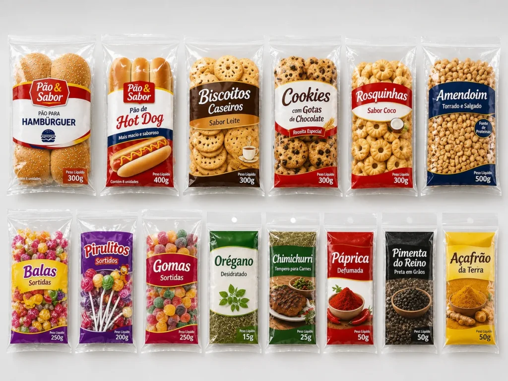 Diversos modelos de sacos de polipropileno PP personalizados para alimentos como pães, biscoitos, doces e temperos.