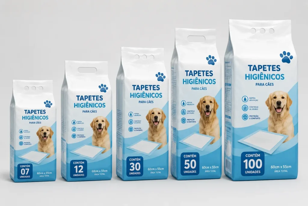 Cinco tamanhos progressivos de embalagens azuis de tapetes higiênicos para cães, marcados de 07 a 100 unidades.