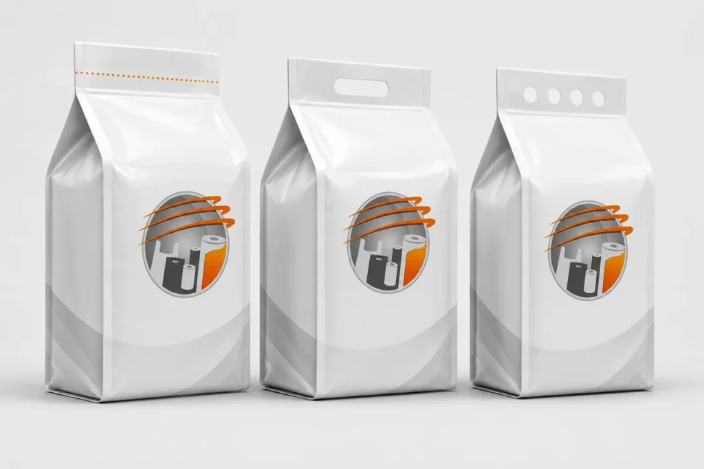 Três modelos de mockups de sacos plásticos industriais brancos sem estampa com o logotipo da Sandra Embalagens.