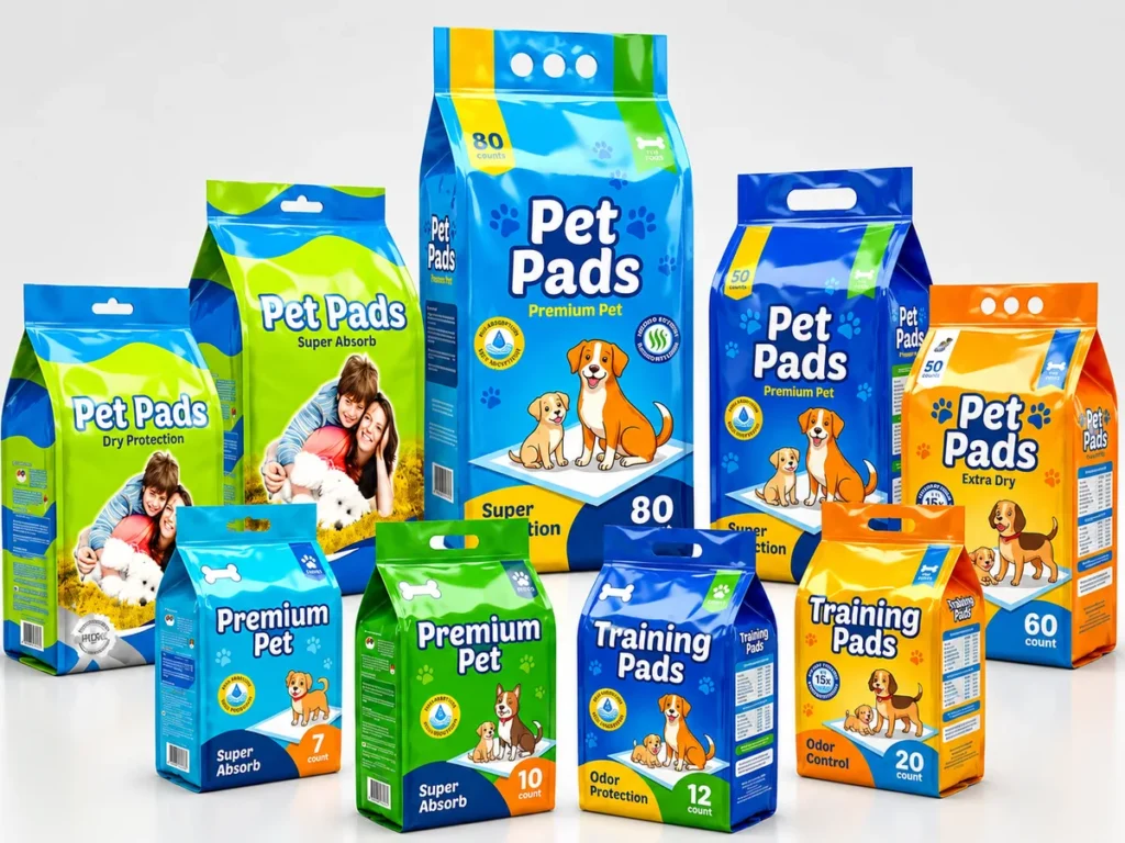 Embalagem plástica laminada de alta qualidade para tapetes higiênicos pet, produzida pela Sandra Embalagens, destacando acabamento brilhante e soldas reforçadas.