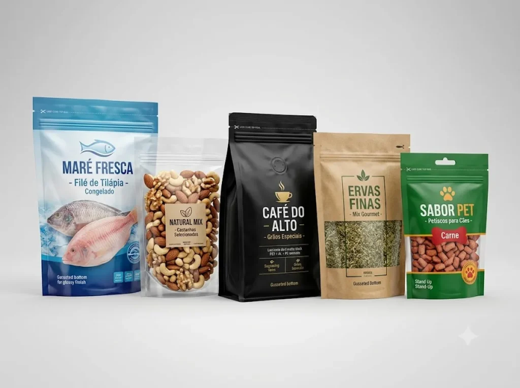 Cinco embalagens Stand Up Pouch em pé lado a lado, mostrando opções para camarão congelado, mix de castanhas natural, café reserva especial, ervas finas e petiscos para cães.