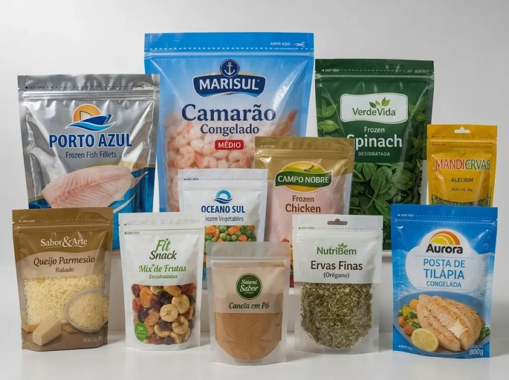 Diversos produtos de marcas reais embalados em sacos plásticos com fecho zip da Sandra Embalagens, incluindo pescados, queijo ralado, ervas finas e polpas.