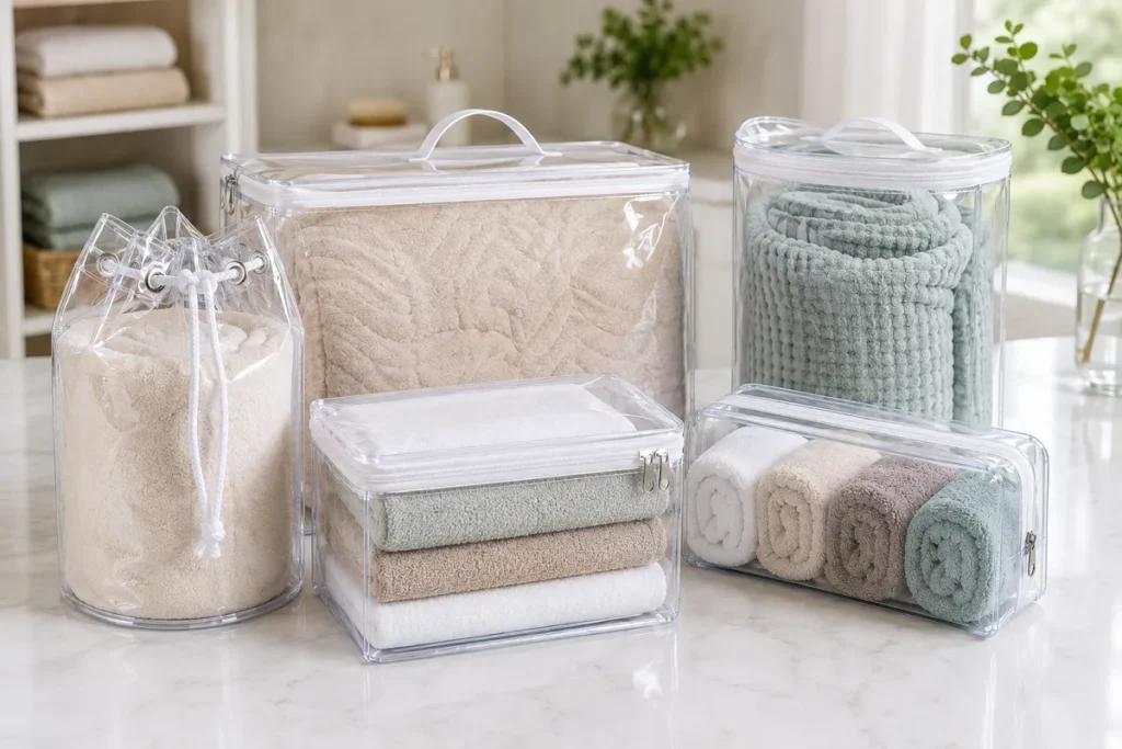 Conjunto de embalagens cilíndricas, malas com zíper e envelopes em PVC cristal organizando toalhas e mantas.