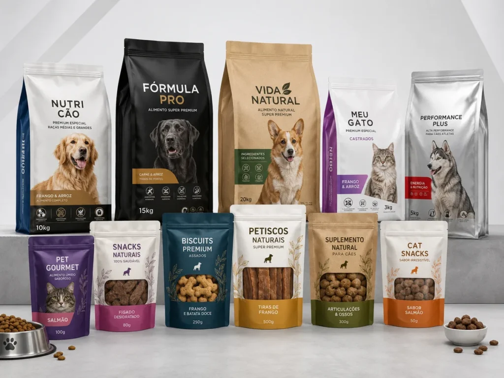 Variedade de embalagens para ração de cães e gatos em sacos de papel kraft, laminados e pouches de petiscos.