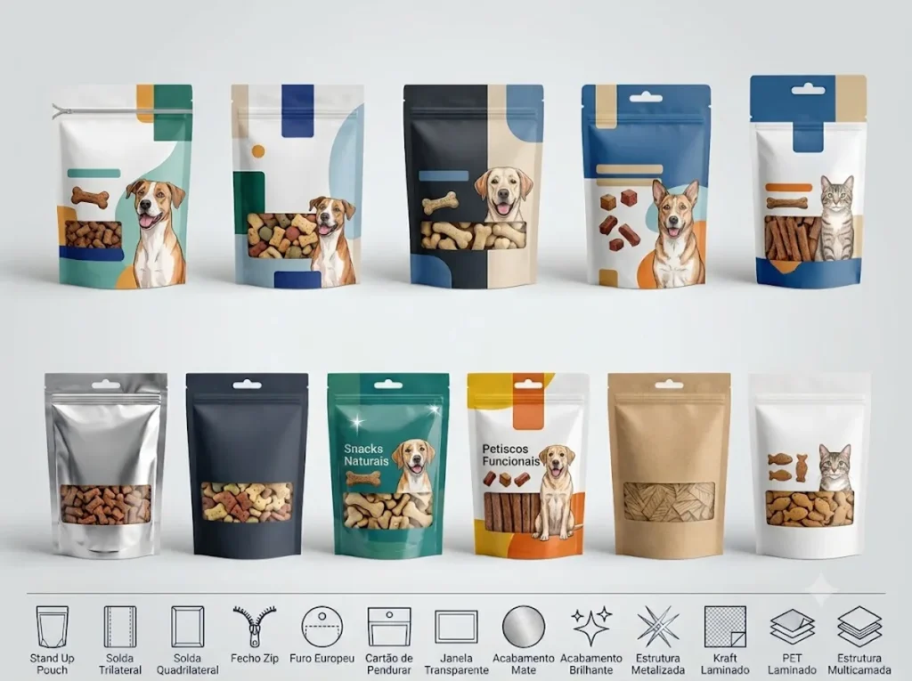 Ilustração técnica dos modelos de embalagens para pet food, incluindo Stand Up Pouch, soldas e acabamentos.