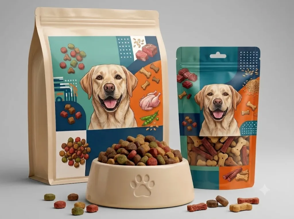 Embalagem laminada para ração de cão com impressão colorida de alta resolução ao lado de um pote de ração.