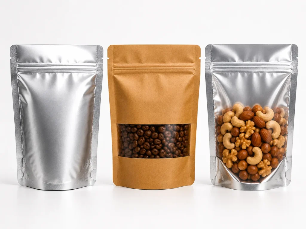 Três embalagens stand-up pouch com zíper, nos modelos metalizada brilhante, kraft com visor transparente e half metal com frente transparente e verso metalizado, apresentadas em fotografia de estúdio.
