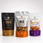 Três embalagens stand-up pouch personalizadas com impressão em alta definição, nos modelos fosco preto, PET metalizado com visor transparente e branco com visor, apresentadas em fotografia de estúdio sobre fundo institucional da Sandra Embalagens.