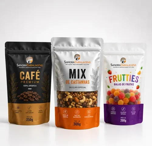 Três embalagens stand-up pouch personalizadas com impressão em alta definição, nos modelos fosco preto, PET metalizado com visor transparente e branco com visor, apresentadas em fotografia de estúdio sobre fundo institucional da Sandra Embalagens.