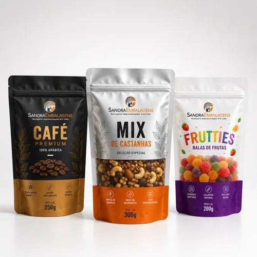 Três embalagens stand-up pouch personalizadas com impressão em alta definição, nos modelos fosco preto, PET metalizado com visor transparente e branco com visor, apresentadas em fotografia de estúdio sobre fundo institucional da Sandra Embalagens.