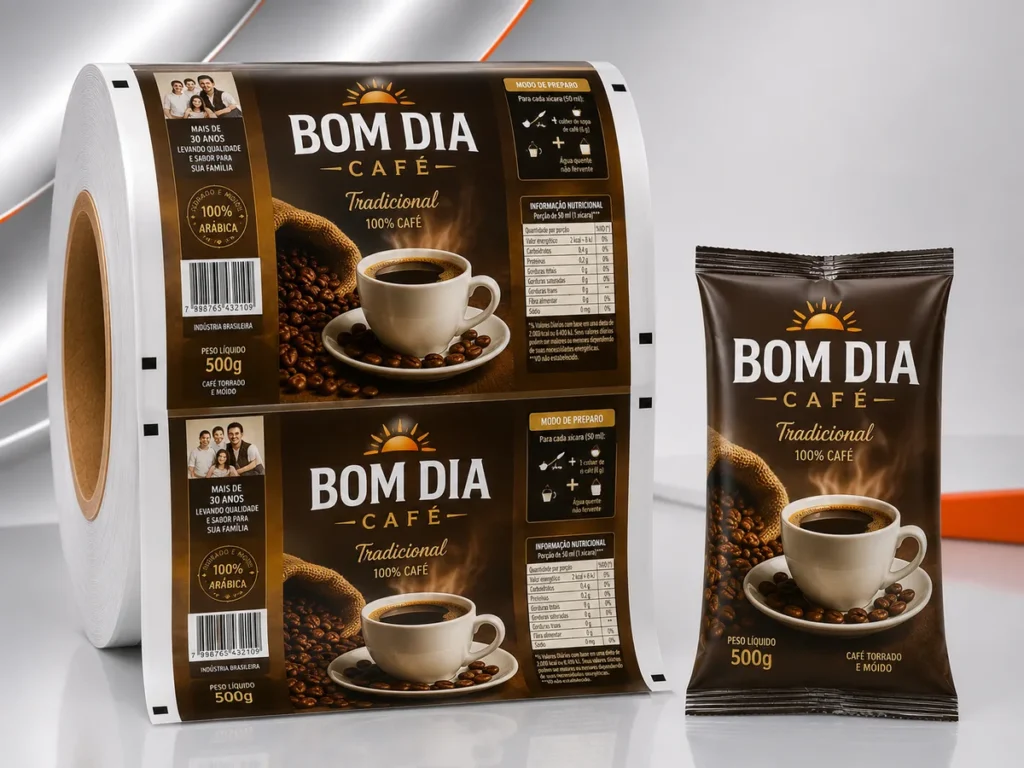 Bobina de filme laminado impresso para café torrado e moído ao lado do pacote final selado.