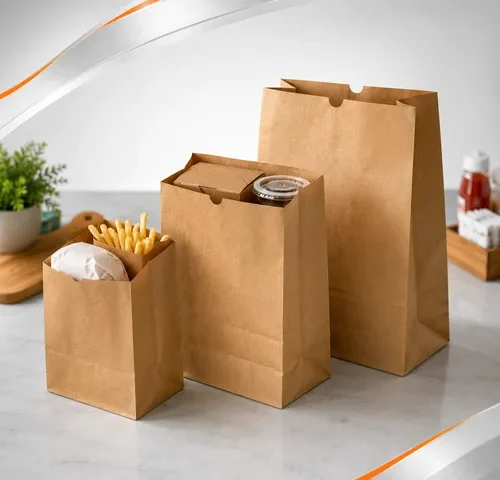 Três sacos de papel kraft para alimentos em diferentes tamanhos, indicados para delivery, padarias, lanchonetes, restaurantes, cafeterias e embalagens de alimentos.