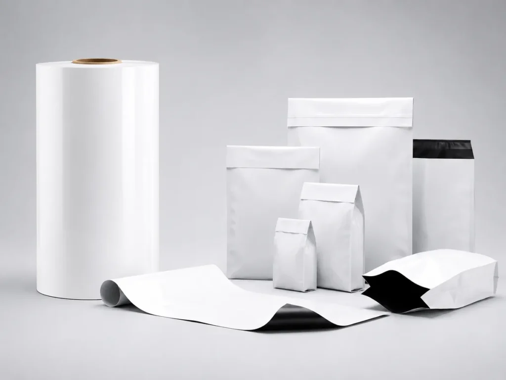 Diversos modelos de sacos e envelopes plásticos coextrusados pretos e brancos sobre fundo neutro.