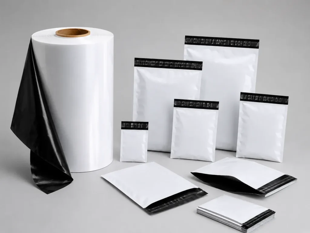 Bobina de filme coextrusado preto e branco ao lado de sacos e envelopes de segurança invioláveis.