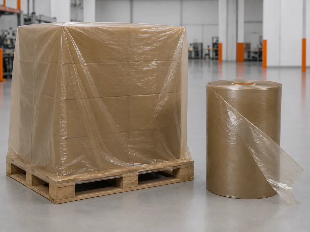 Pallet de mercadorias totalmente protegido com filme plástico canela recuperado ao lado de uma bobina industrial.