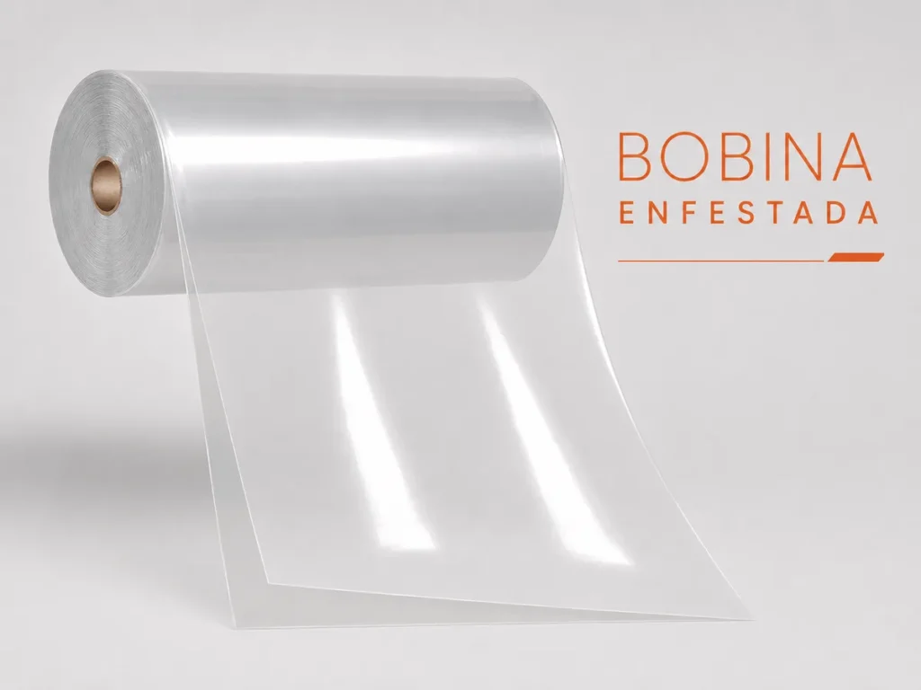 Bobina de filme plástico enfestado dobrado ao meio para facilidade de abertura.