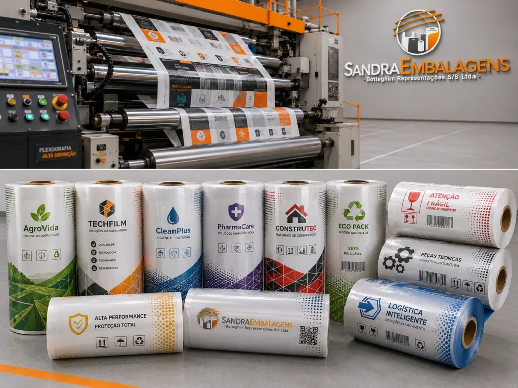 Diversas bobinas de filme de polietileno impressas e pigmentadas em cores personalizadas para marcas industriais.