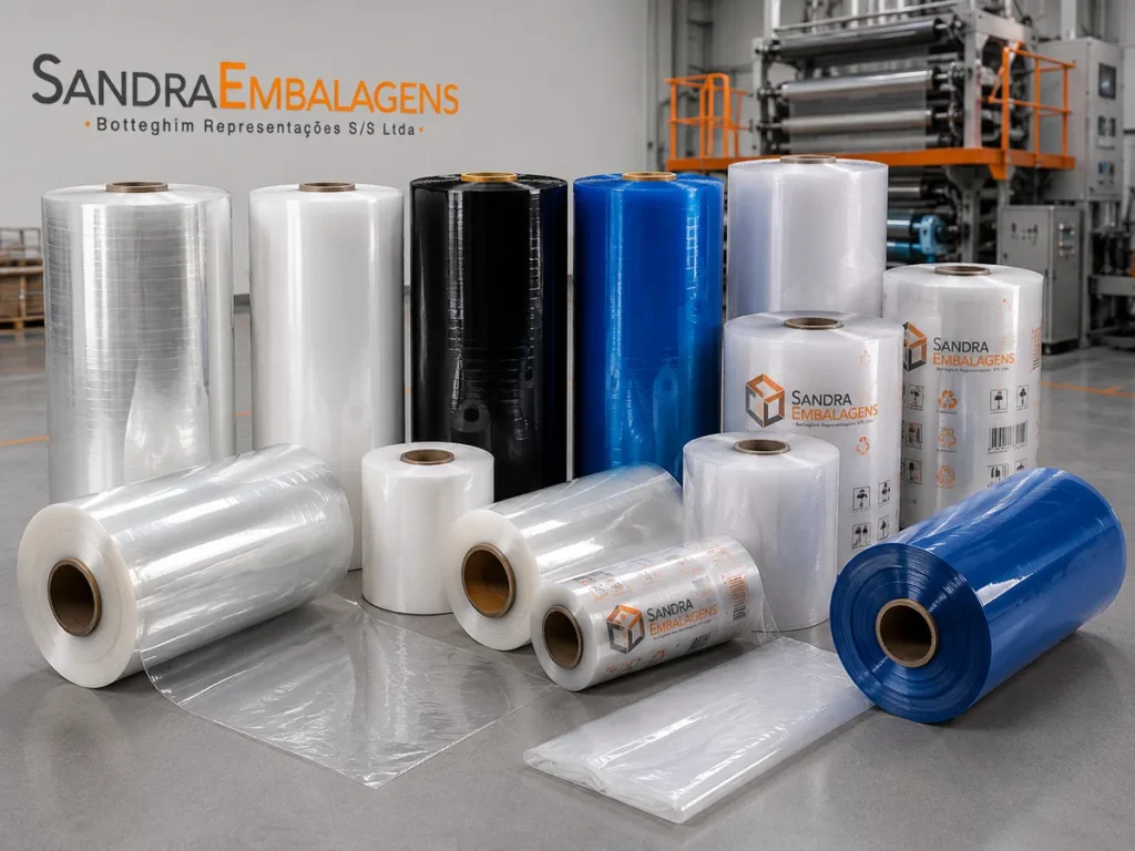 Variedade de bobinas de filme de polietileno transparentes, pretas e azuis dispostas em ambiente de estoque.