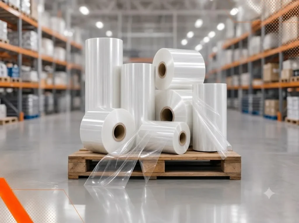 Bobinas industriais de filme de polipropileno transparente estocadas em palete de madeira.