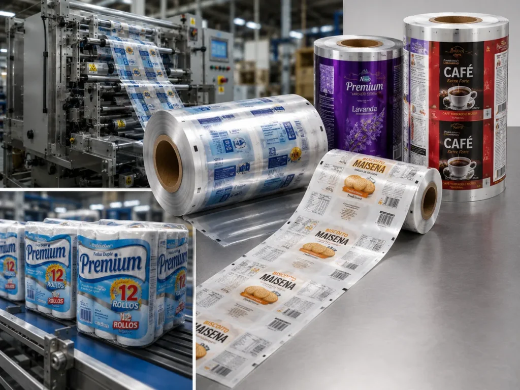 Diversas bobinas de filmes técnicos impressos para café, biscoitos, ervilhas, pet food e amaciante sobre bancada industrial.
