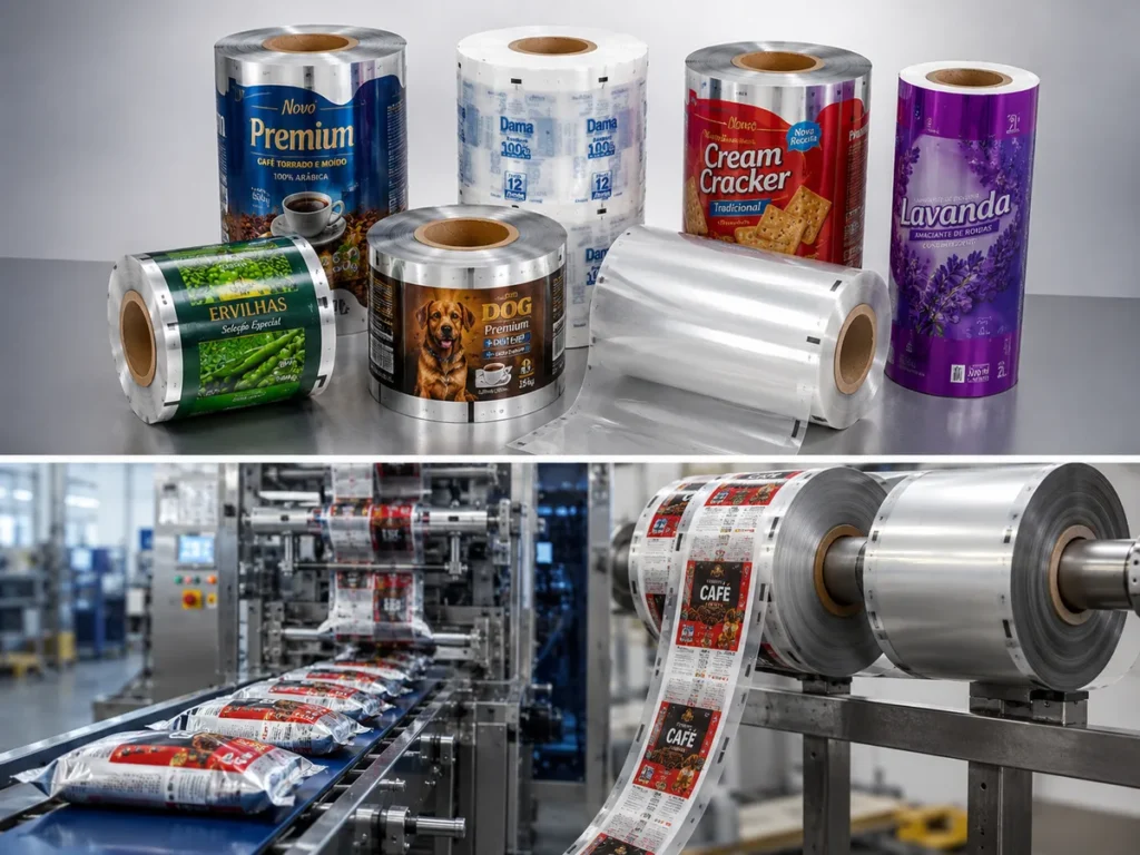 Diversas bobinas de filmes técnicos impressos para café, biscoitos, ervilhas, pet food e amaciante sobre bancada industrial.