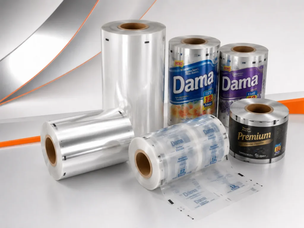Conjunto de bobinas plásticas transparentes, metalizadas e impressas dispostas em estúdio.