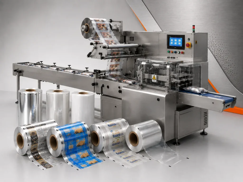 Máquina empacotadora horizontal Flow Pack em operação ao lado de bobinas de filmes técnicos impressos e transparentes.