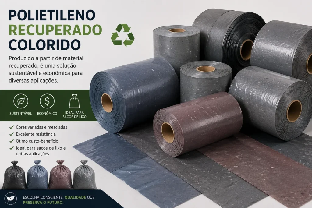 Bobinas de filme de polietileno recuperado colorido e sacos plásticos reciclados dispostos horizontalmente.