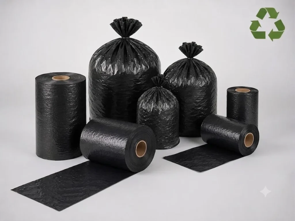 Bobinas plásticas pretas e sacos de lixo pretos em polietileno recuperado de alta resistência.