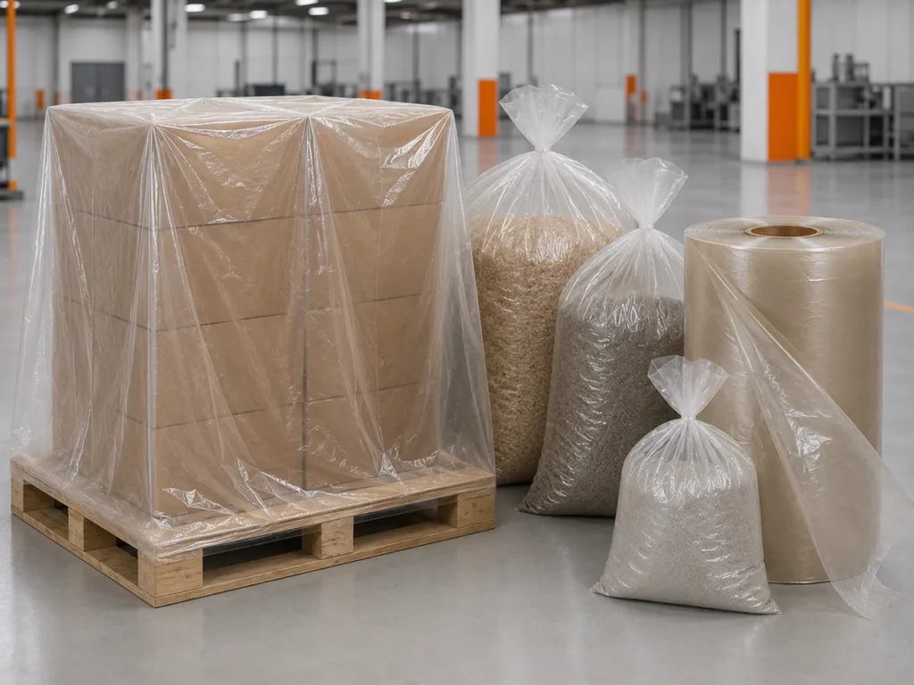 Palete de caixas de papelão envolto em filme plástico protetor ao lado de sacos industriais cheios e uma bobina.