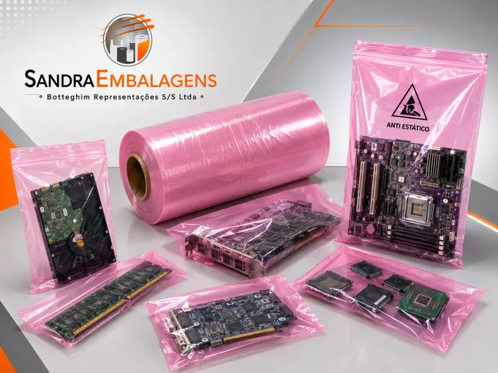 Sacos e bobina de polietileno antiestático rosa contendo placas-mãe, HDs e memórias eletrônicas.