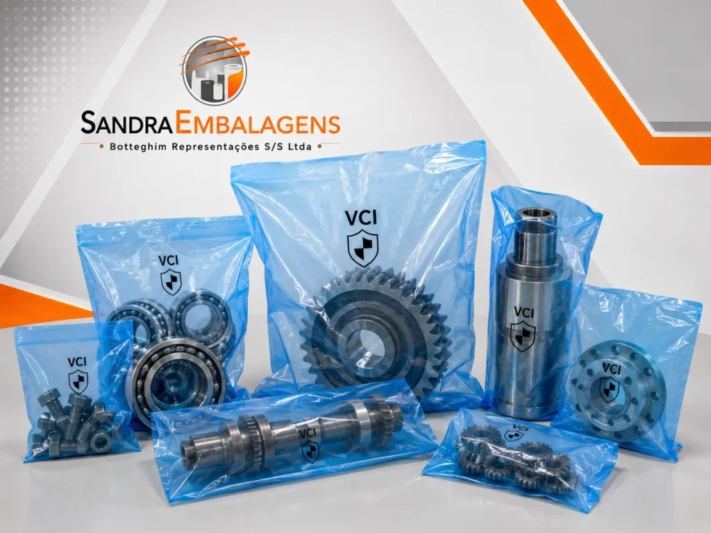 Sacos de polietileno VCI azul contendo rolamentos, engrenagens e peças metálicas usinadas contra corrosão.