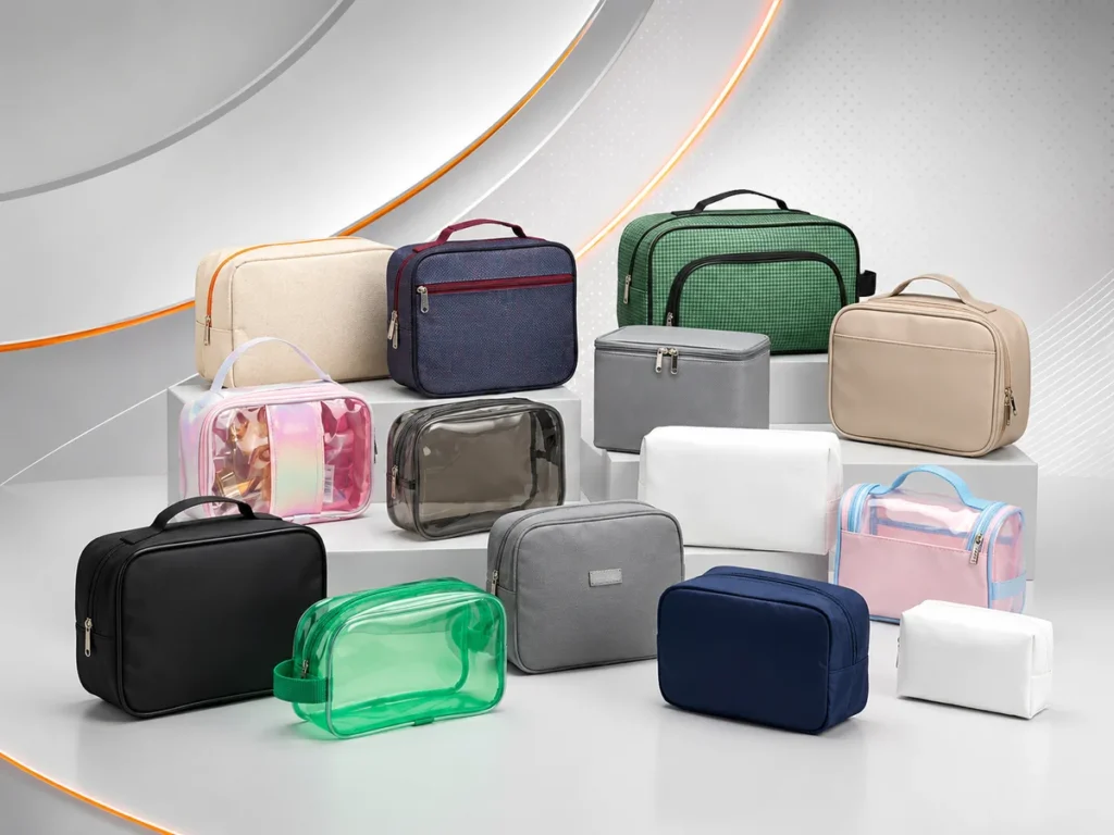 Diversos modelos de necessárias promocionais em tecido, nylon e PVC transparente dispostos em prateleiras.