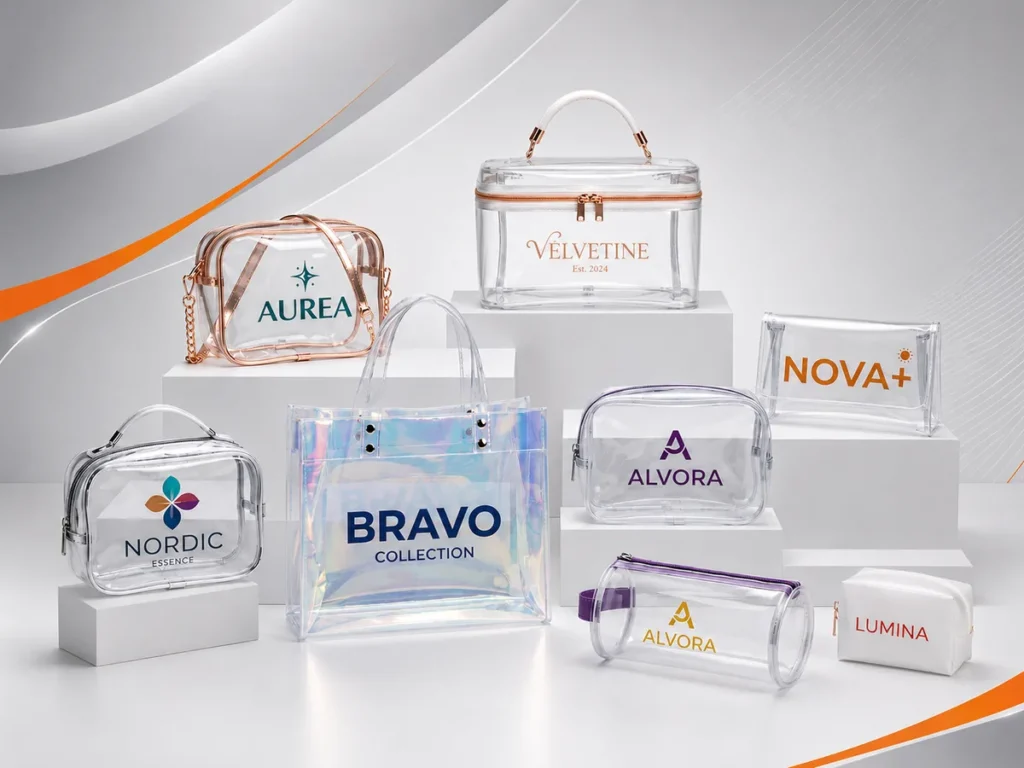 Nécessaires transparentes de PVC cristal e acabamento holográfico personalizadas com nomes de marcas.