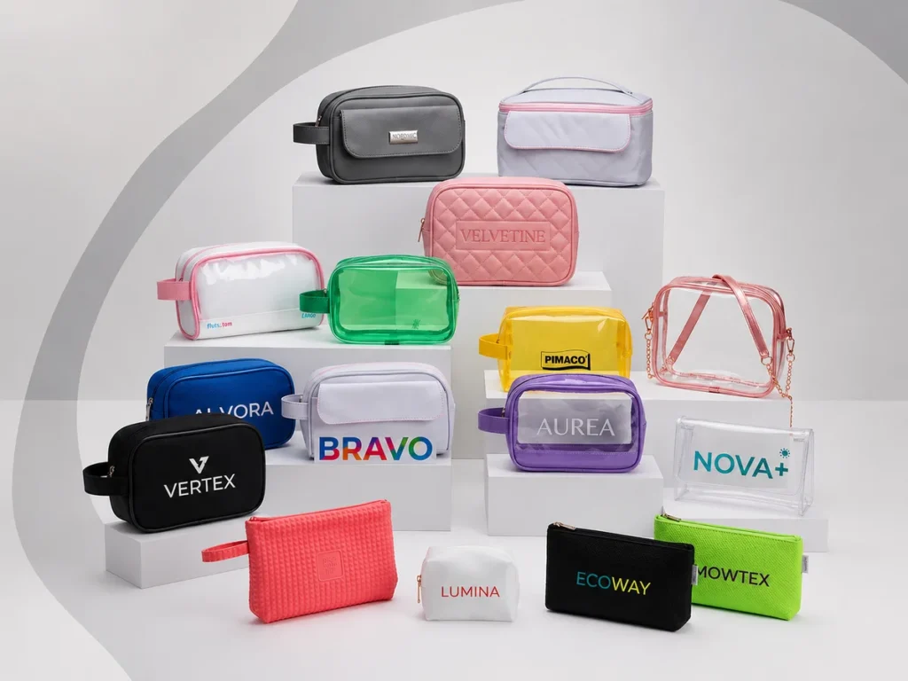 Conjunto de necessárias promocionais coloridas e transparentes personalizadas com logotipos corporativos.
