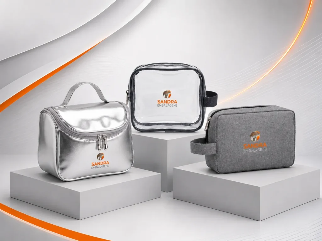 Nécessaires promocionais personalizadas em PVC cristal, prata e cinza com a marca Sandra Embalagens.