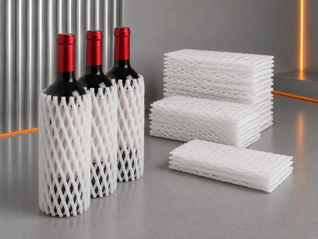 Três garrafas de vinho protegidas com rede de espuma EPE branca ao lado de pacotes de redes cortadas prontas para uso.