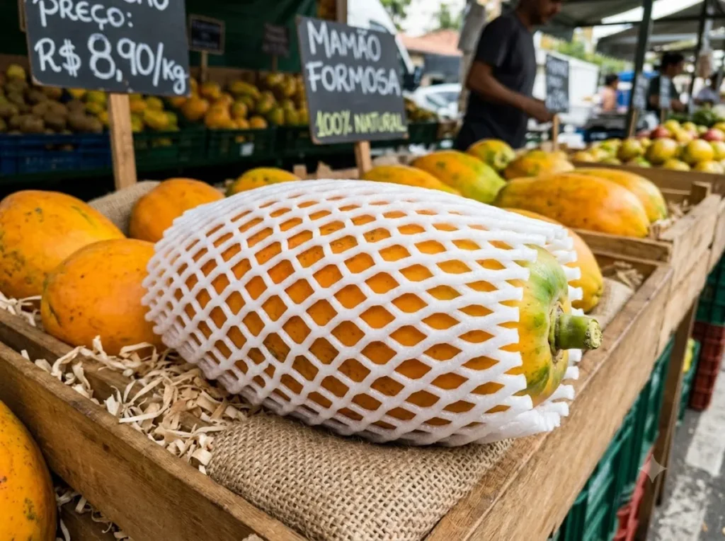 Mamão formosa protegido por redinha de espuma EPE em exposição em uma banca de frutas premium.