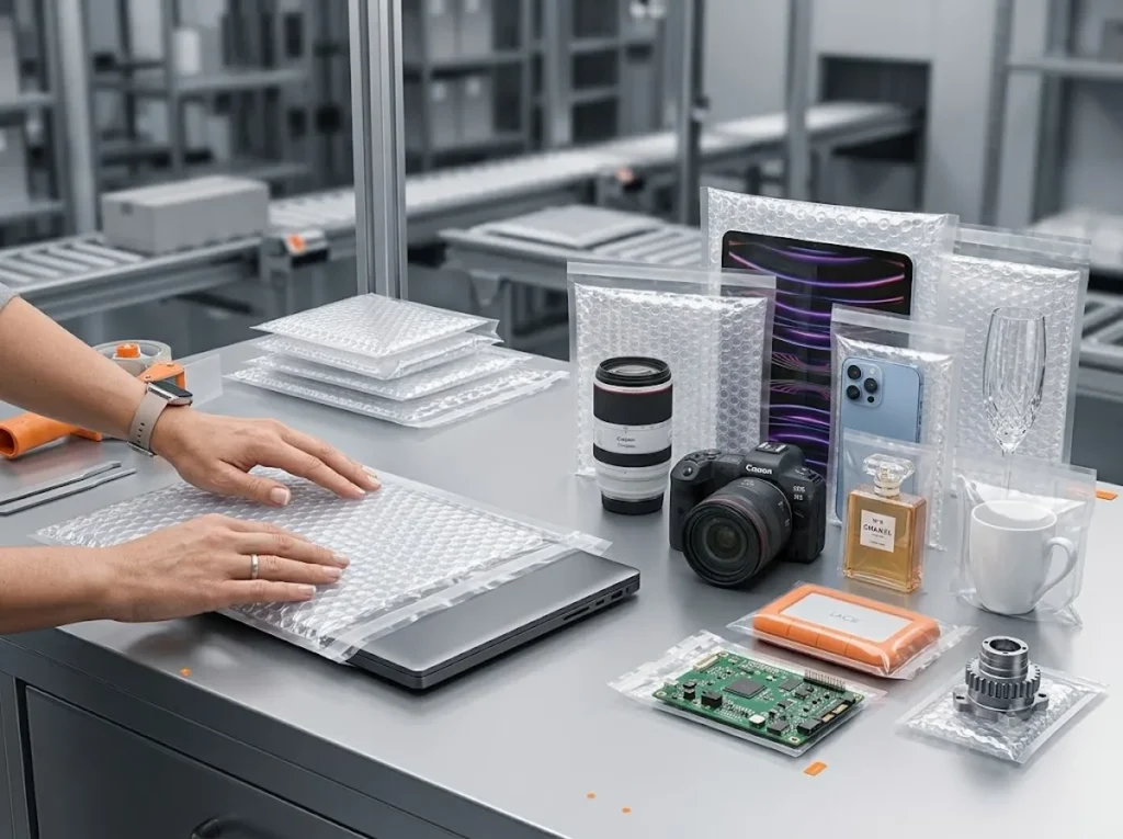 Sacos de plástico bolha transparentes protegendo eletrônicos, lentes e produtos frágeis sobre uma mesa de expedição industrial.