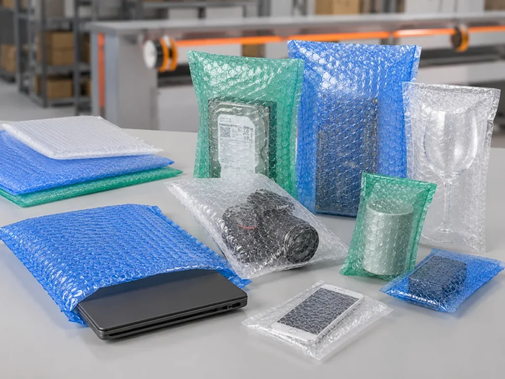 Sacos de plástico bolha transparentes protegendo eletrônicos, lentes e produtos frágeis sobre uma mesa de expedição industrial.