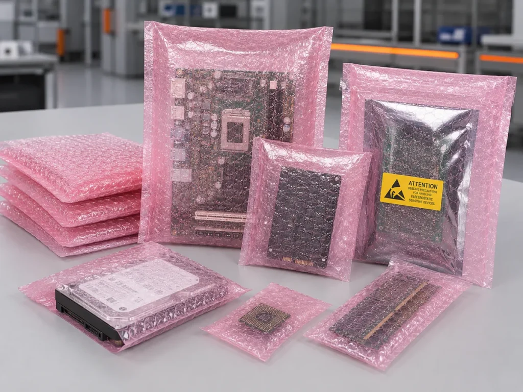 Diversos tamanhos de sacos plástico bolha rosa antiestáticos acondicionando hardwares e componentes eletrônicos.