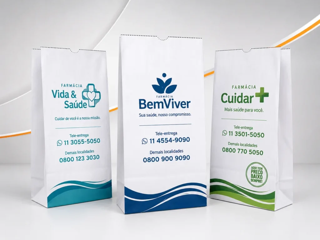 Três sacos de papel kraft branco personalizados com logotipos de farmácias in tons de azul e verde.