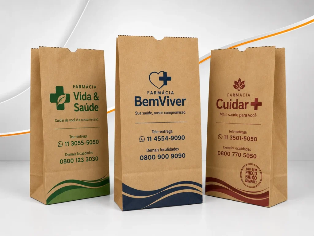 Três sacos de papel kraft pardo natural personalizados para farmácia de manipulação.