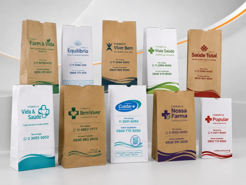 Mostruário de sacos de papel kraft personalizados para farmácias em modelos pardo e branco com diferentes logotipos coloridos.